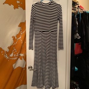 Striped Mock Turtleneck Long Sleeve Midi Dress